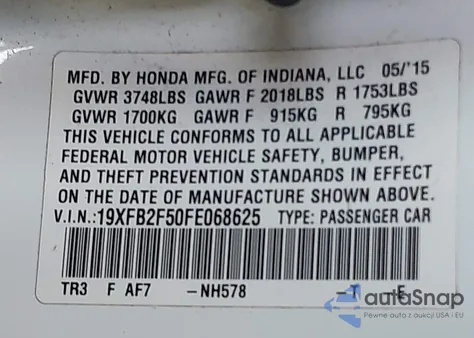 2015 Honda Civic Lx из США, поврежденный, VIN 19XFB2F50FE068625